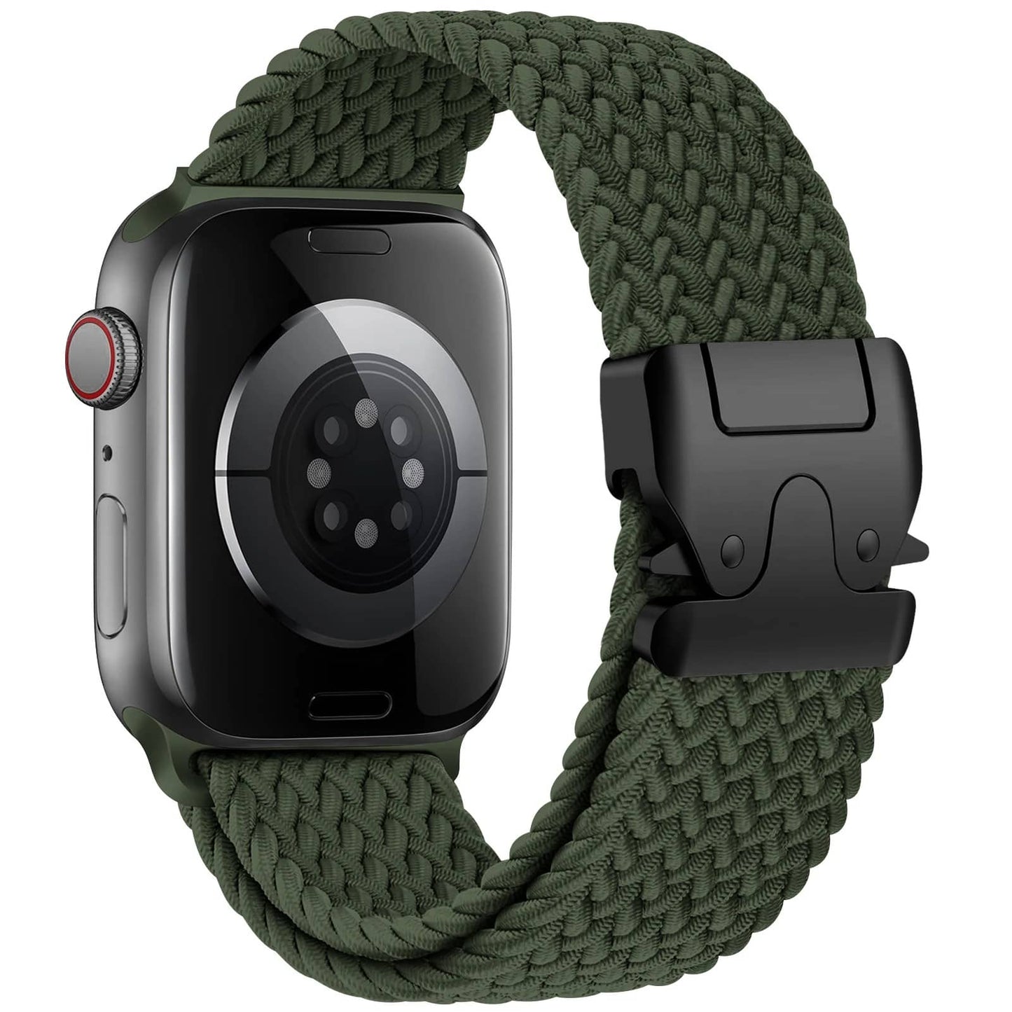 Bracelet Apple Watch nylon élastique vert, respirant et sécurisé avec boucle ajustable.