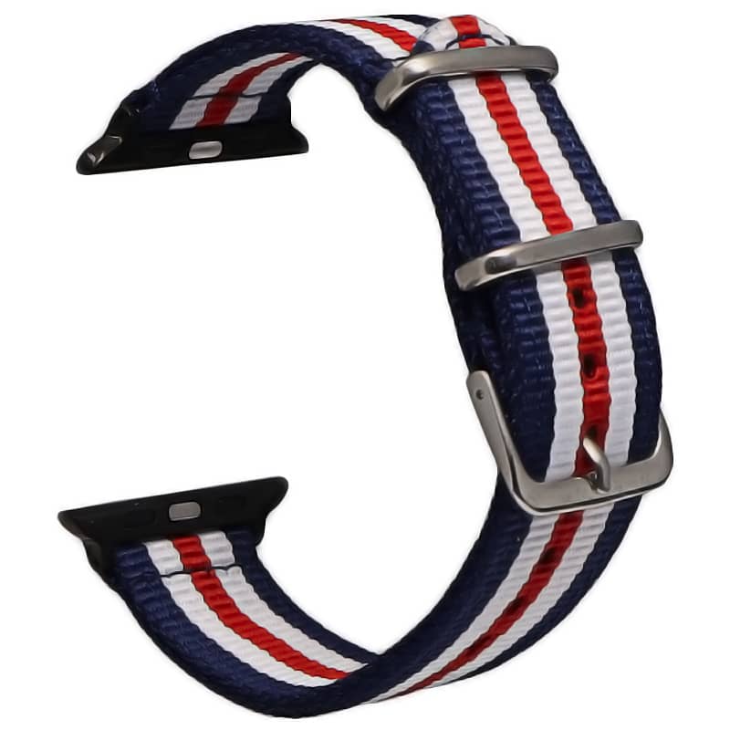 Bracelet Apple Watch en tissu 38 40 41 42 44 45 49 mm compatible serie 1 2 3 4 5 6 7 8 se et Apple Watch Ultra - Bracelet country edition eWatch Straps bleu blanc rouge strié