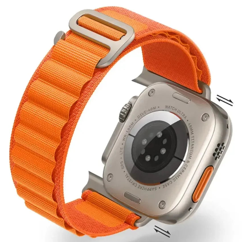 Boucle Alpine Apple Watch orange 38 40 41 42 44 45 49 mm compatible serie 1 2 3 4 5 6 7 8 se et Ultra eWatch Straps