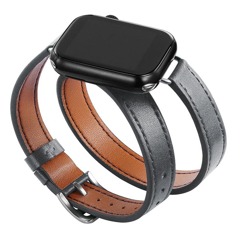 Bracelets Apple Watch Gris 38 40 41 42 44 45 49 mm compatible serie 1 2 3 4 5 6 7 8 se et Ultra Bracelet double en cuir eWatch Straps