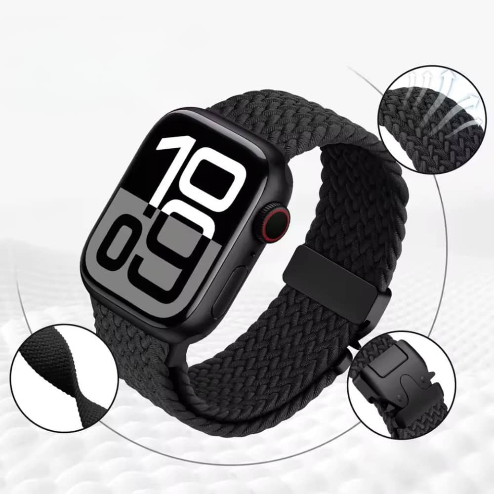 Bracelet Apple Watch en nylon tressé noir, élastique et réglable – compatible Series et Ultra.