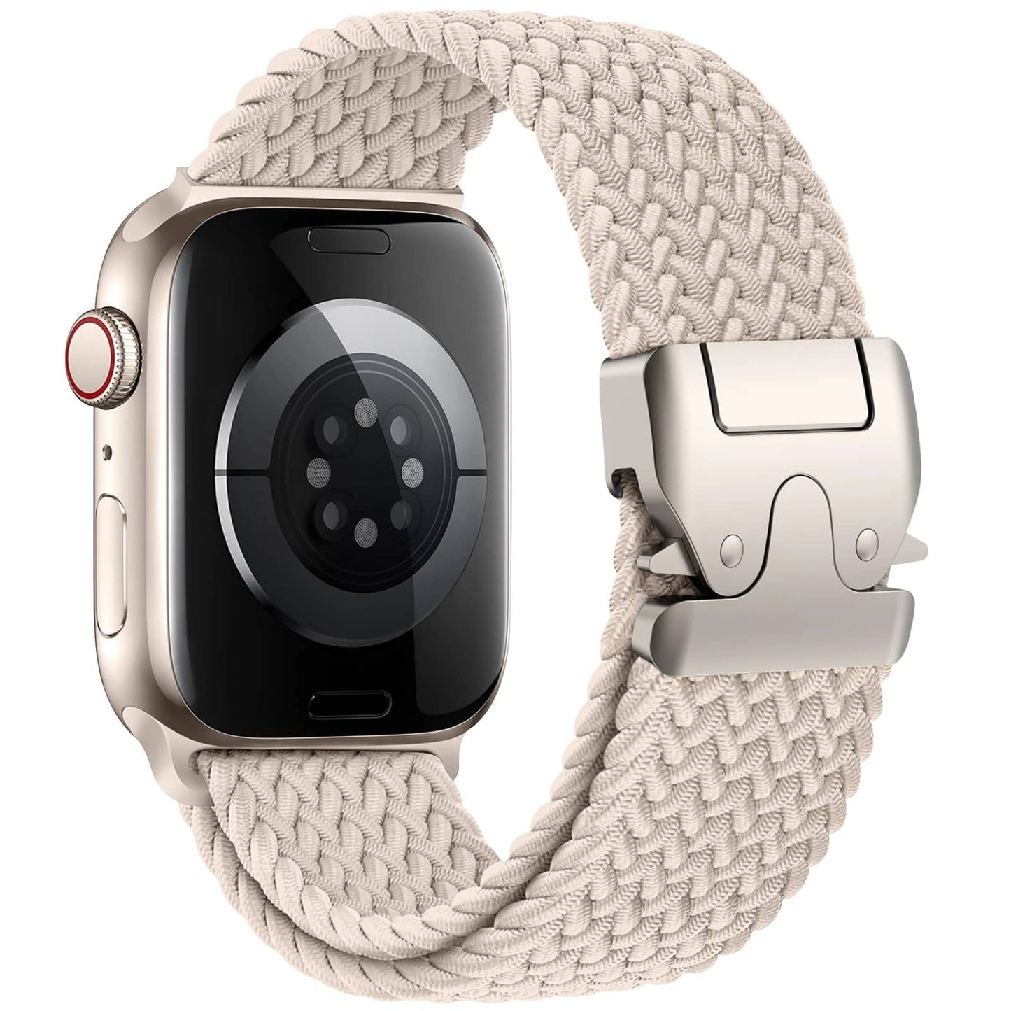 Bracelet nylon élastique beige 45 mm pour Apple Watch – réglable et léger.