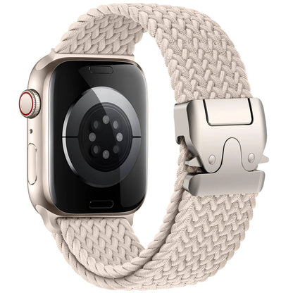 Bracelet nylon élastique beige 45 mm pour Apple Watch – réglable et léger.