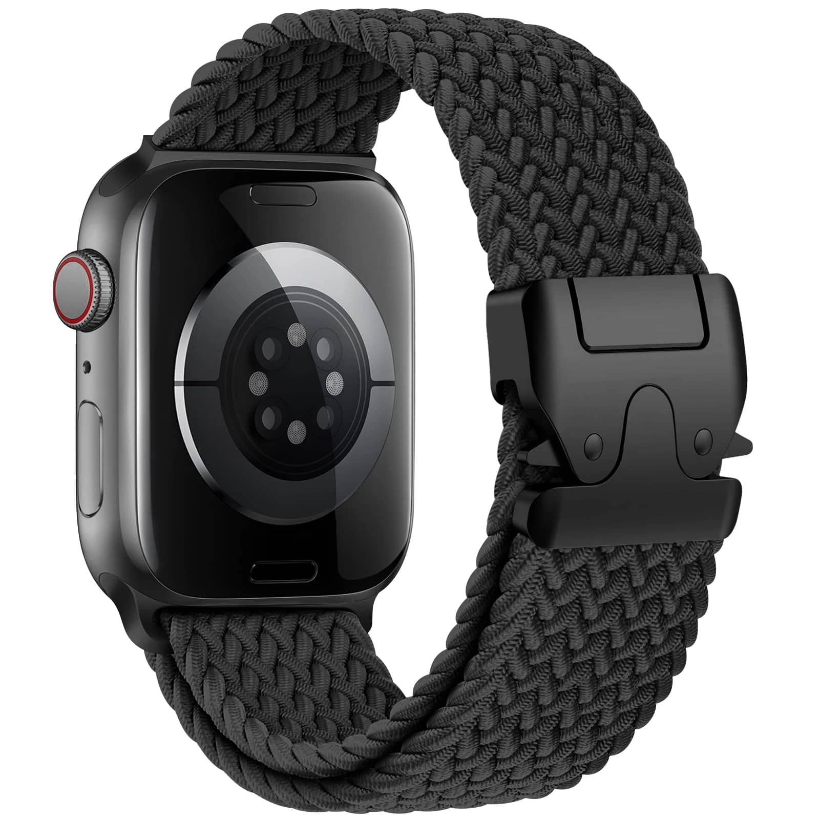 Bracelet Apple Watch en nylon élastique noir – ajustable, robuste et respirant.