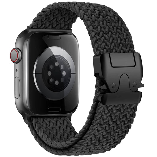 Bracelet Apple Watch en nylon élastique noir – ajustable, robuste et respirant.