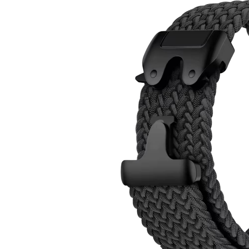 Bracelet Apple Watch sport en nylon tressé noir, réglable et adapté à toutes les tailles.
