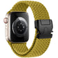 Bracelet en nylon élastique vert pour Apple Watch, avec boucle réglable et maintien confortable.