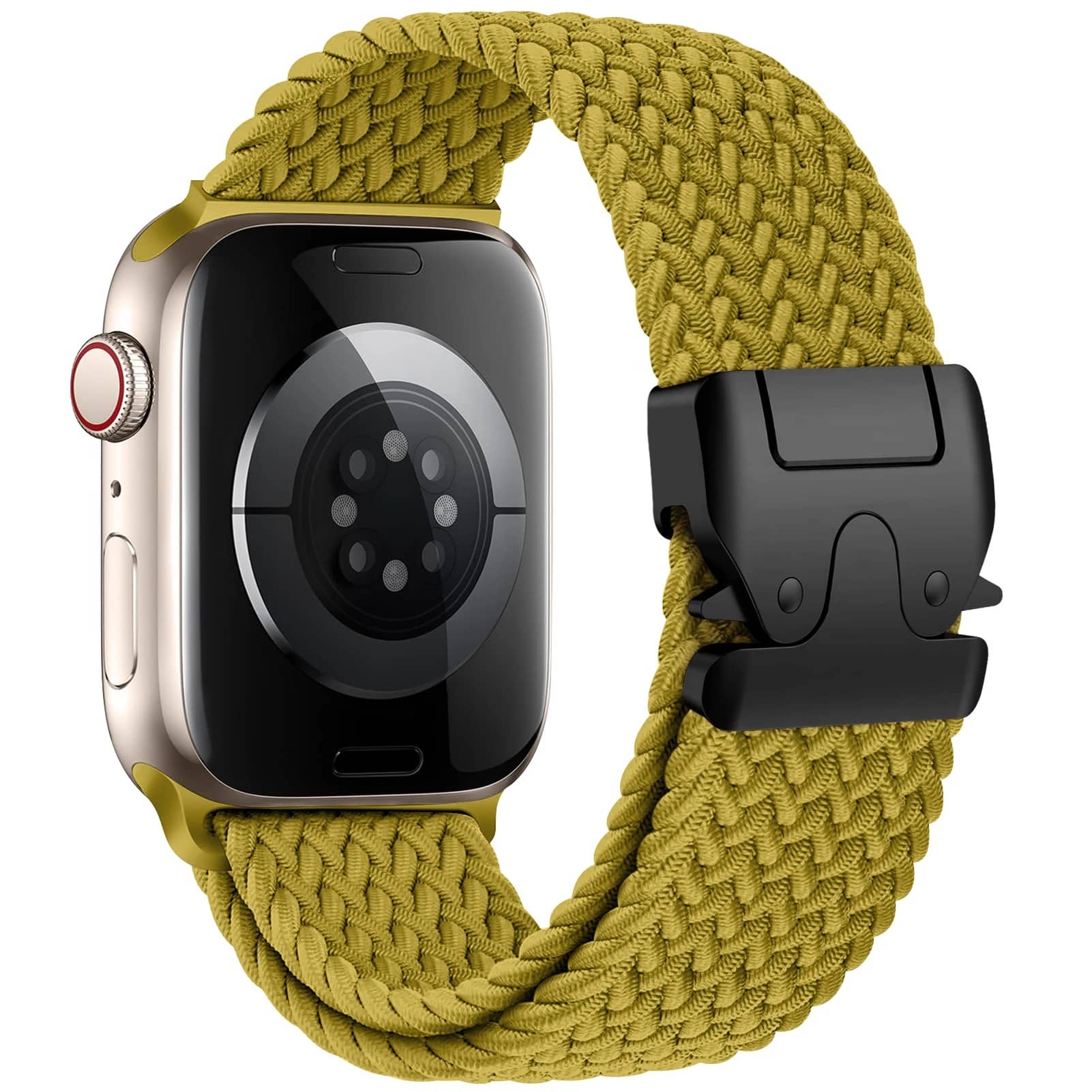 Bracelet en nylon élastique vert pour Apple Watch, avec boucle réglable et maintien confortable.