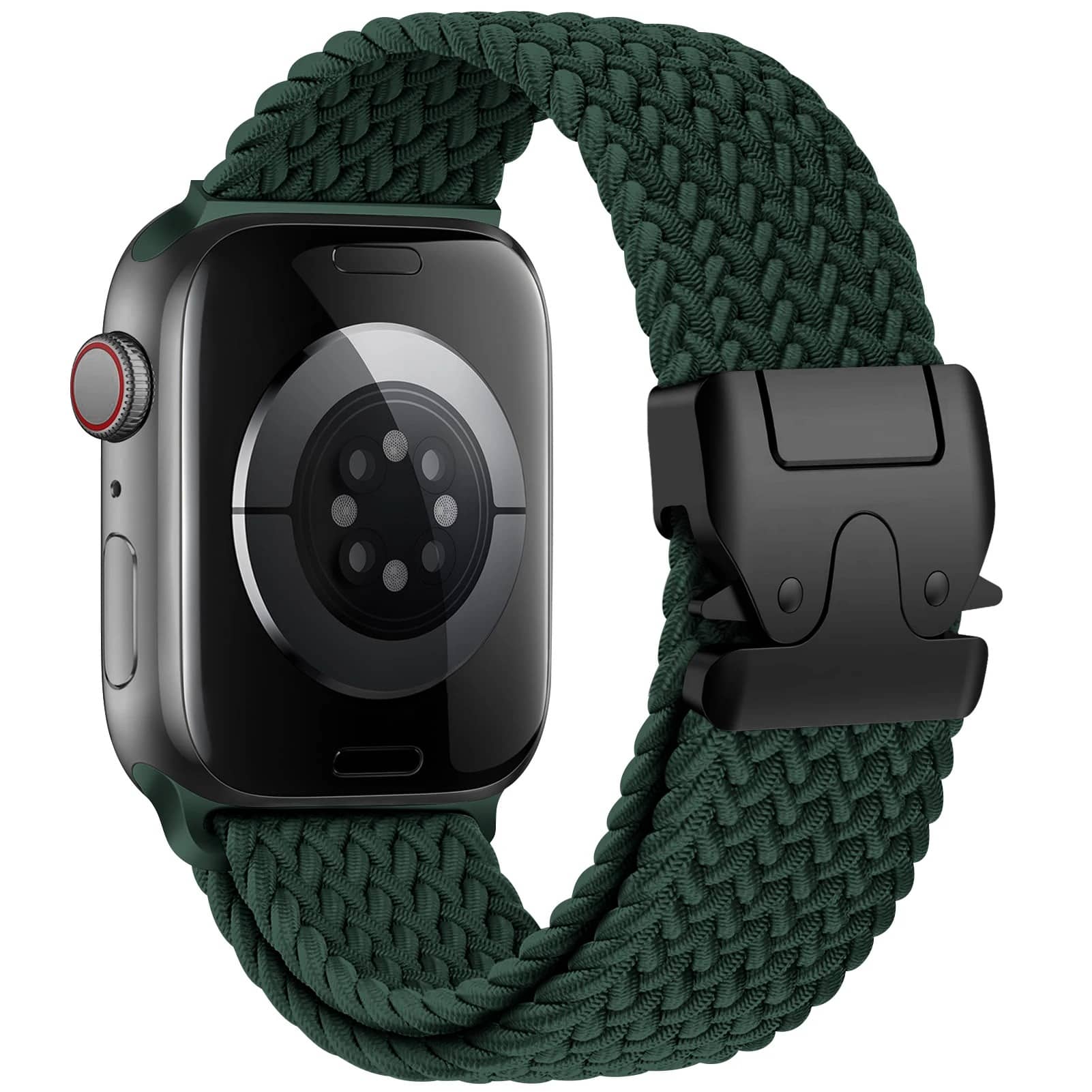 Bracelet Apple Watch en nylon tressé vert foncé, élastique et réglable – compatible Series et Ultra.