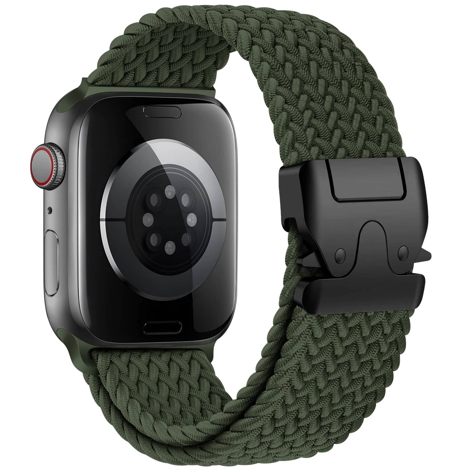 Bracelet Apple Watch nylon élastique vert, respirant et sécurisé avec boucle ajustable.