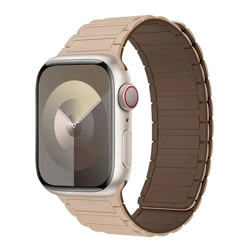 Bracelet Apple Watch silicone beige magnétique avec intérieur brun – confortable et raffiné.