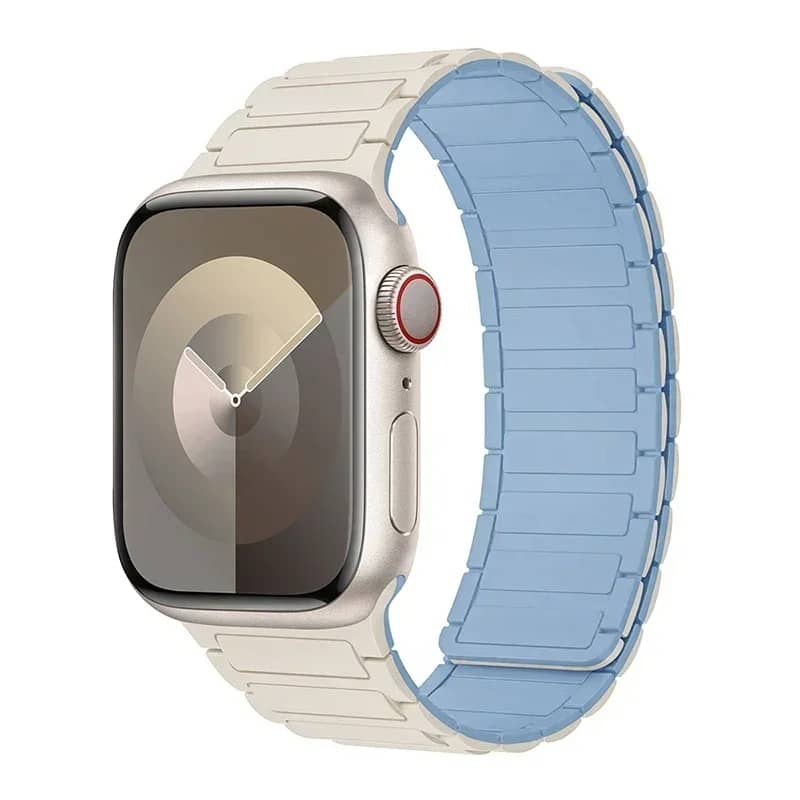 Bracelet Apple Watch silicone blanc et bleu magnétique – doux et confortable.
