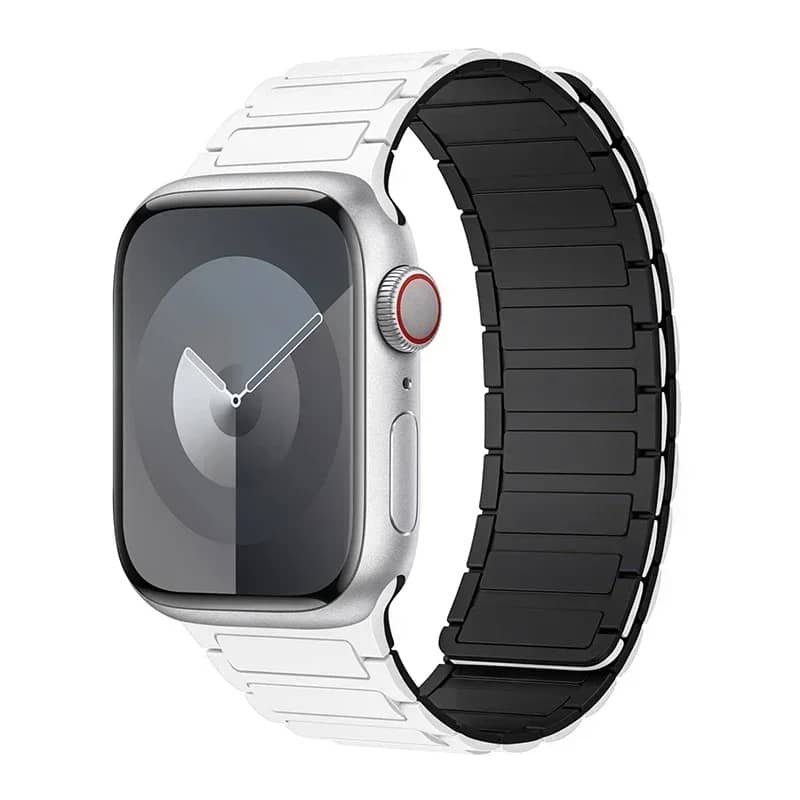Bracelet Apple Watch en silicone blanc avec intérieur noir – bracelet magnétique bicolore au design épuré.