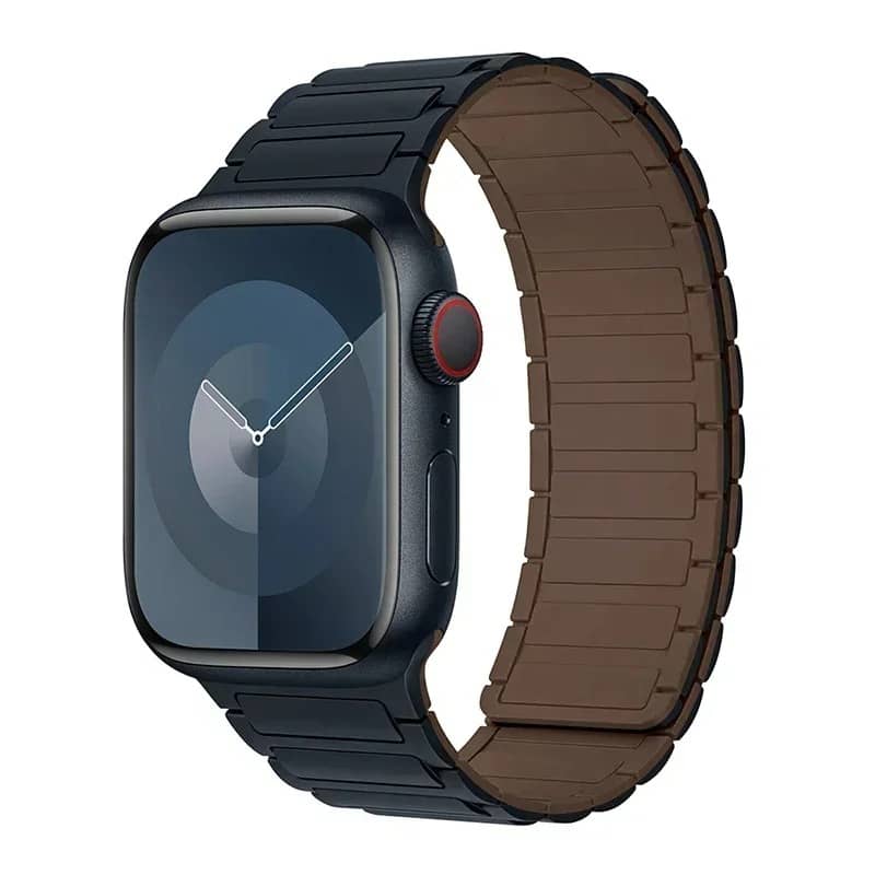 Bracelet Apple Watch en silicone bleu marine avec intérieur marron – fermeture magnétique confortable.