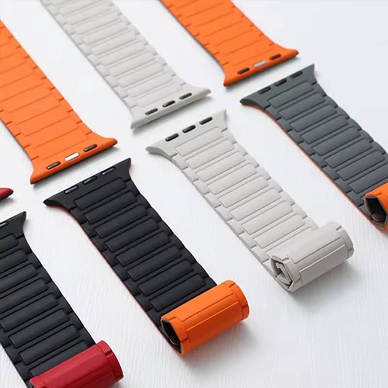 Collection de bracelets Apple Watch en silicone magnétique – plusieurs couleurs disponibles.