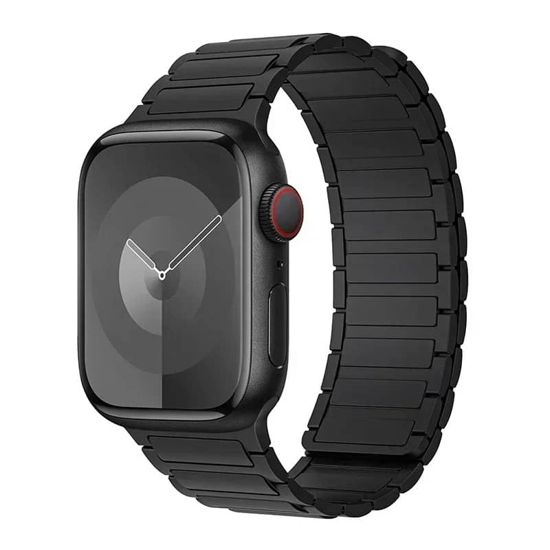 Bracelet Apple Watch en silicone noir avec fermeture magnétique – résistant et ajustable.