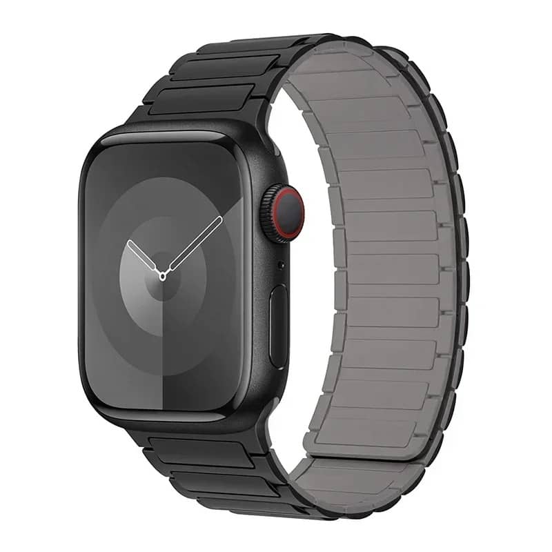 Bracelet Apple Watch silicone noir magnétique avec intérieur gris – confortable et sécurisé.
