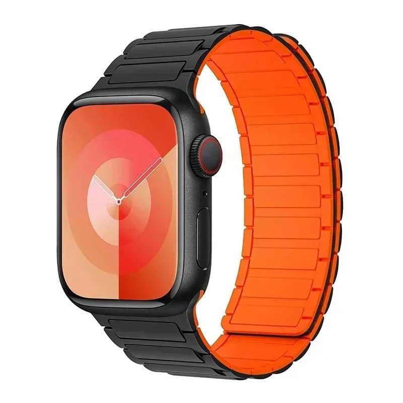 Bracelet Apple Watch silicone noir avec intérieur orange magnétique – sportif et sécurisé.