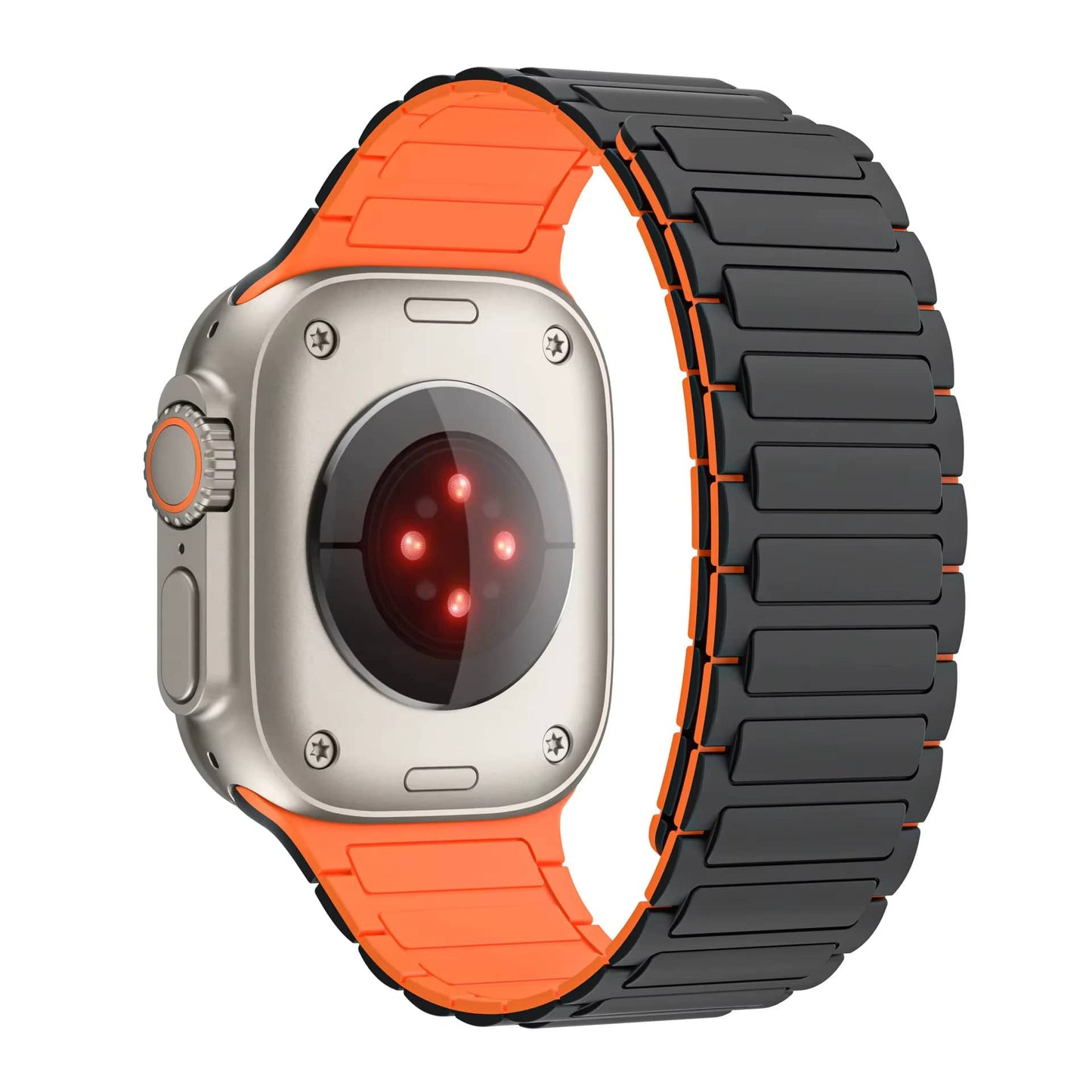 Bracelet Apple Watch Ultra en silicone noir avec intérieur orange – vue arrière montrant le bracelet magnétique.
