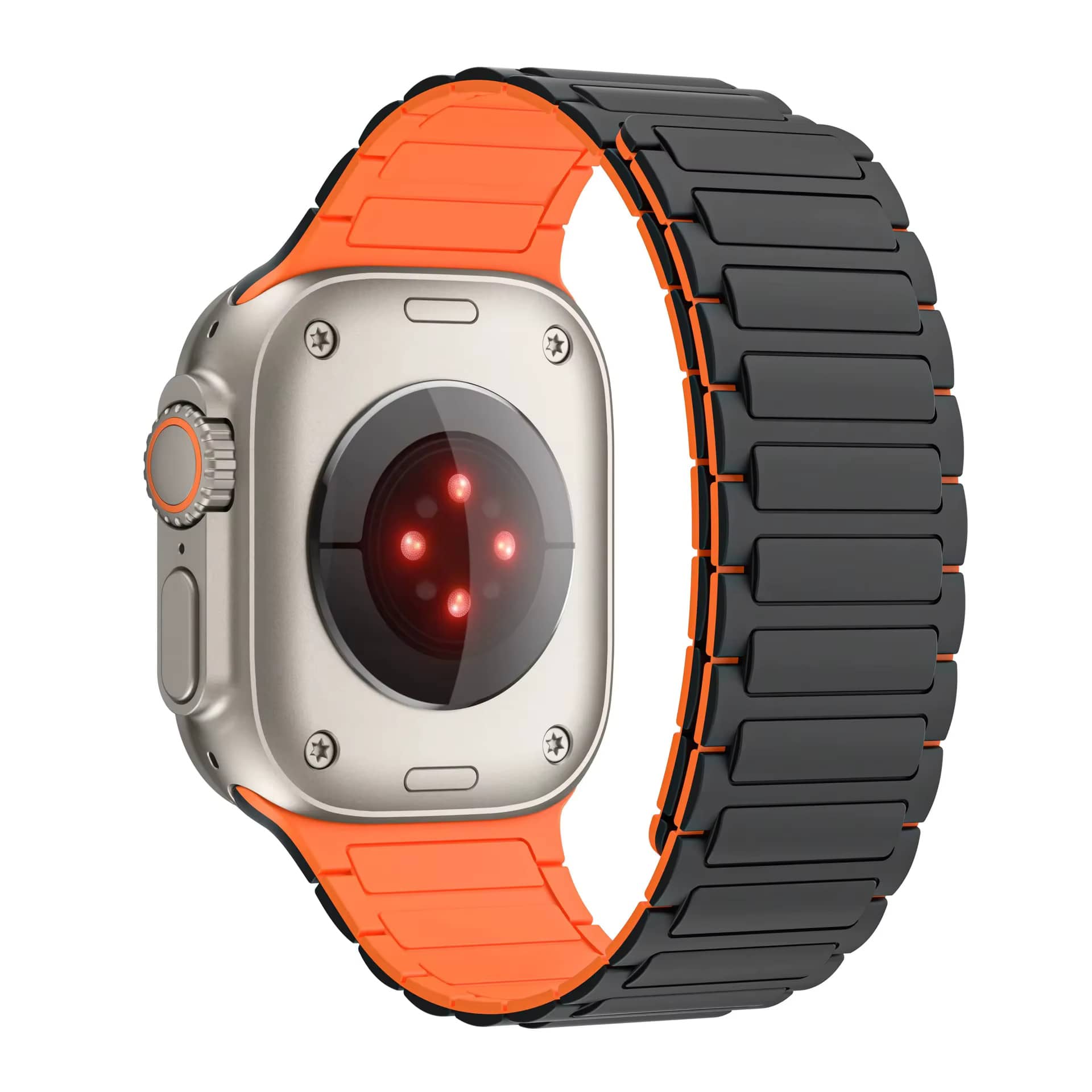Bracelet Apple Watch Ultra en silicone noir avec intérieur orange – vue arrière montrant le bracelet magnétique.