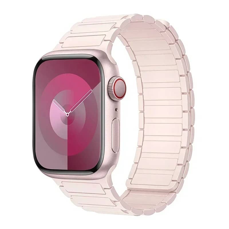 Bracelet Apple Watch en silicone rose clair avec fermeture magnétique – doux, moderne et confortable.