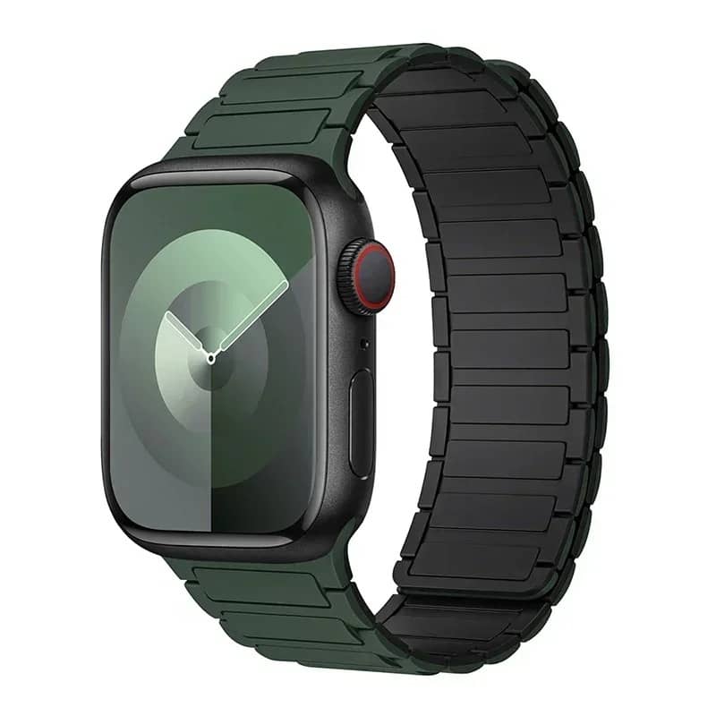 Bracelet Apple Watch en silicone vert foncé avec intérieur noir – bracelet magnétique moderne et robuste.
