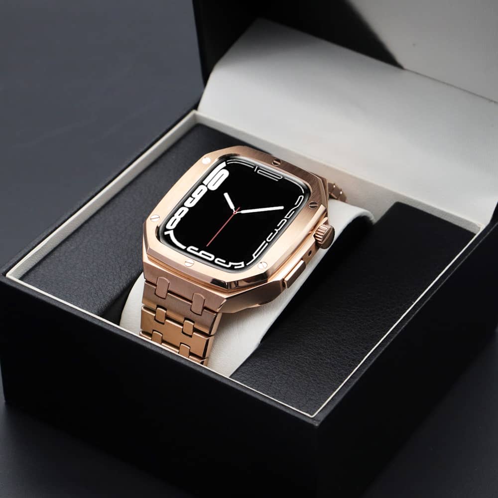 Bracelet de luxe pour Apple Watch - Kit de transformation et de protection en acier haut de gamme or rose dans sa boite