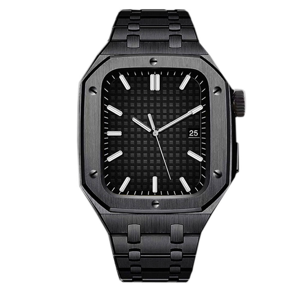 Bracelet de luxe noir pour Apple Watch - Kit de transformation et de protection en acier haut de gamme noir