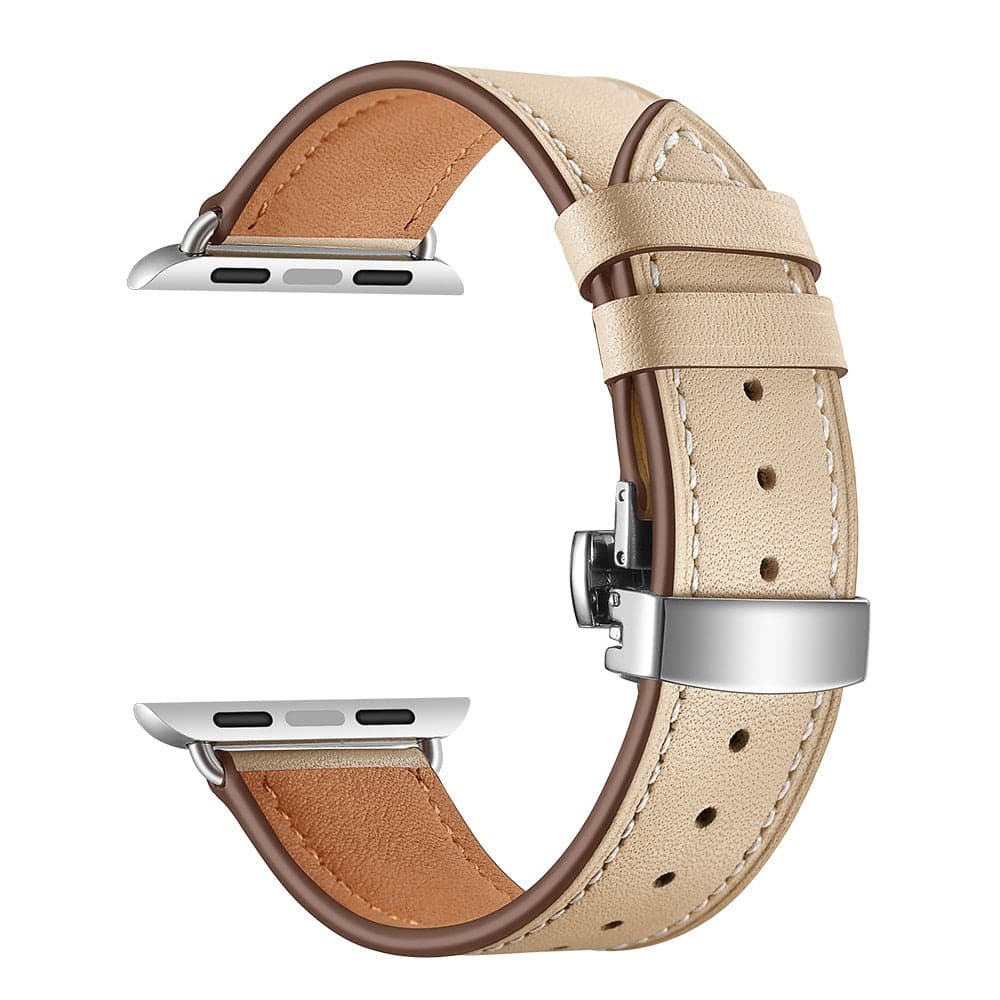 Bracelets Apple Watch Beige (Argent) 38 40 41 42 44 45 49 mm compatible serie 1 2 3 4 5 6 7 8 se et Ultra Bracelet cuir fermoir papillon eWatch Straps