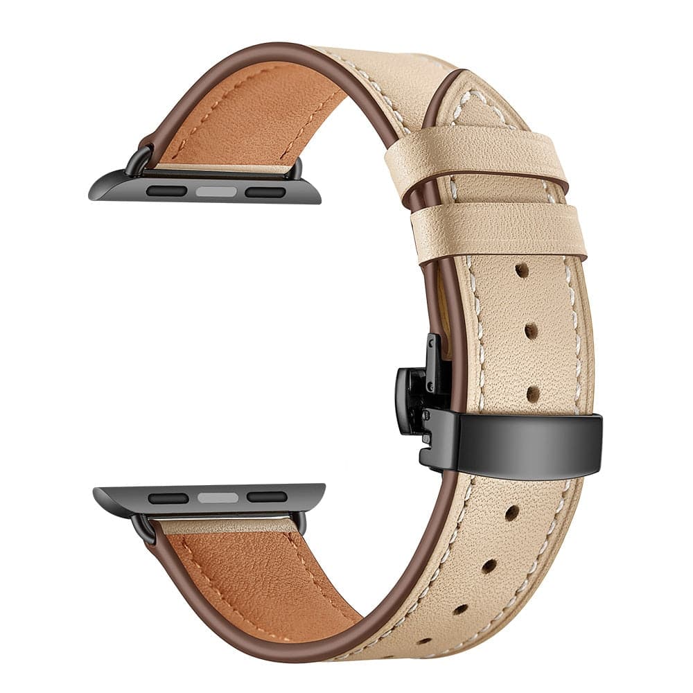 Bracelets Apple Watch Beige (Noir) 38 40 41 42 44 45 49 mm compatible serie 1 2 3 4 5 6 7 8 se et Ultra Bracelet cuir fermoir papillon eWatch Straps