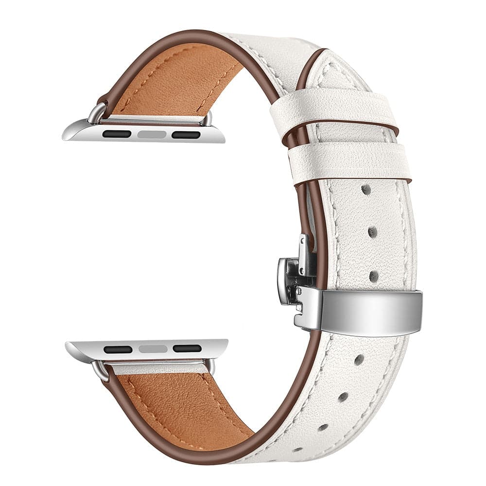 Bracelets Apple Watch Blanc (Argent) 38 40 41 42 44 45 49 mm compatible serie 1 2 3 4 5 6 7 8 se et Ultra Bracelet cuir fermoir papillon eWatch Straps