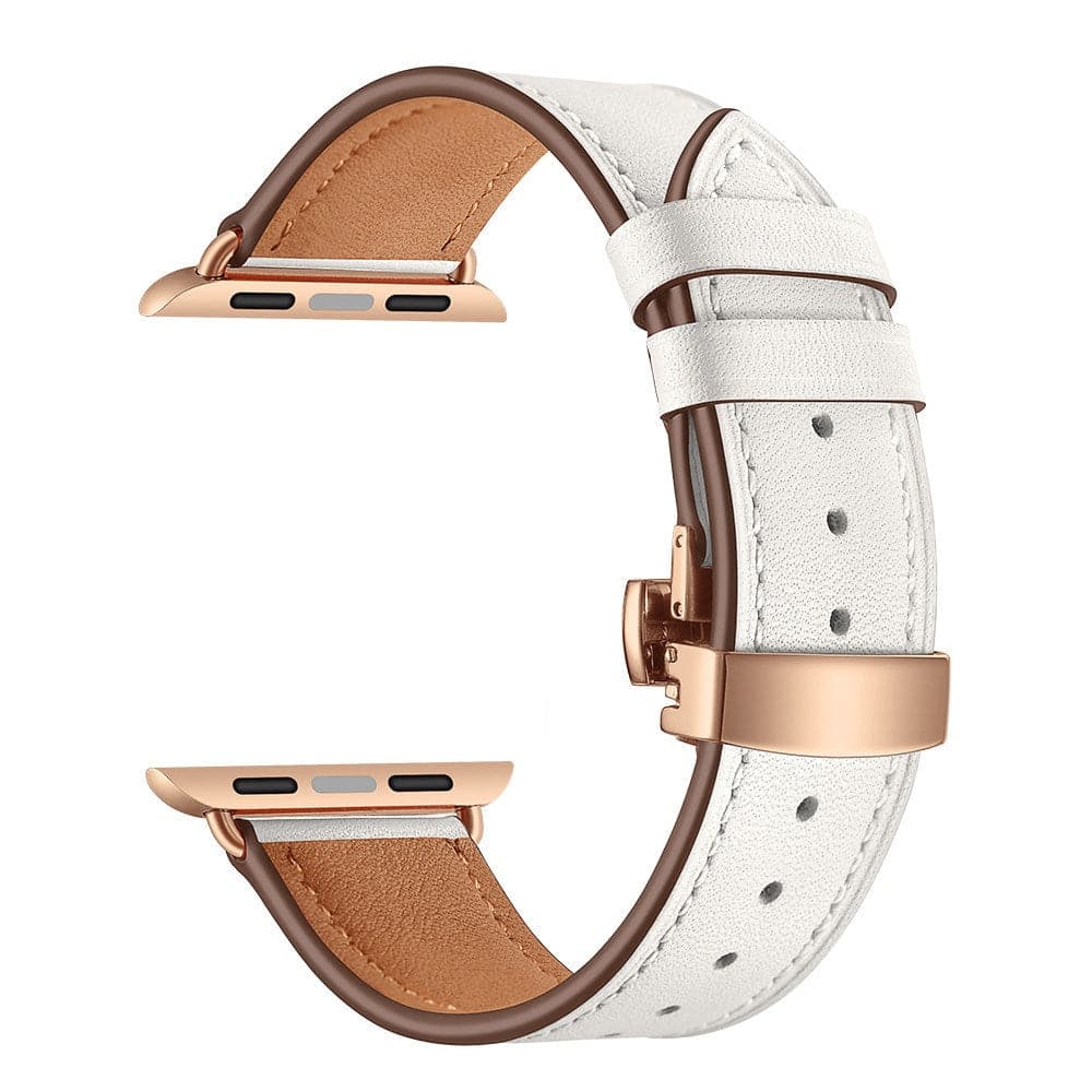 Bracelets Apple Watch Blanc (Rose) 38 40 41 42 44 45 49 mm compatible serie 1 2 3 4 5 6 7 8 se et Ultra Bracelet cuir fermoir papillon eWatch Straps