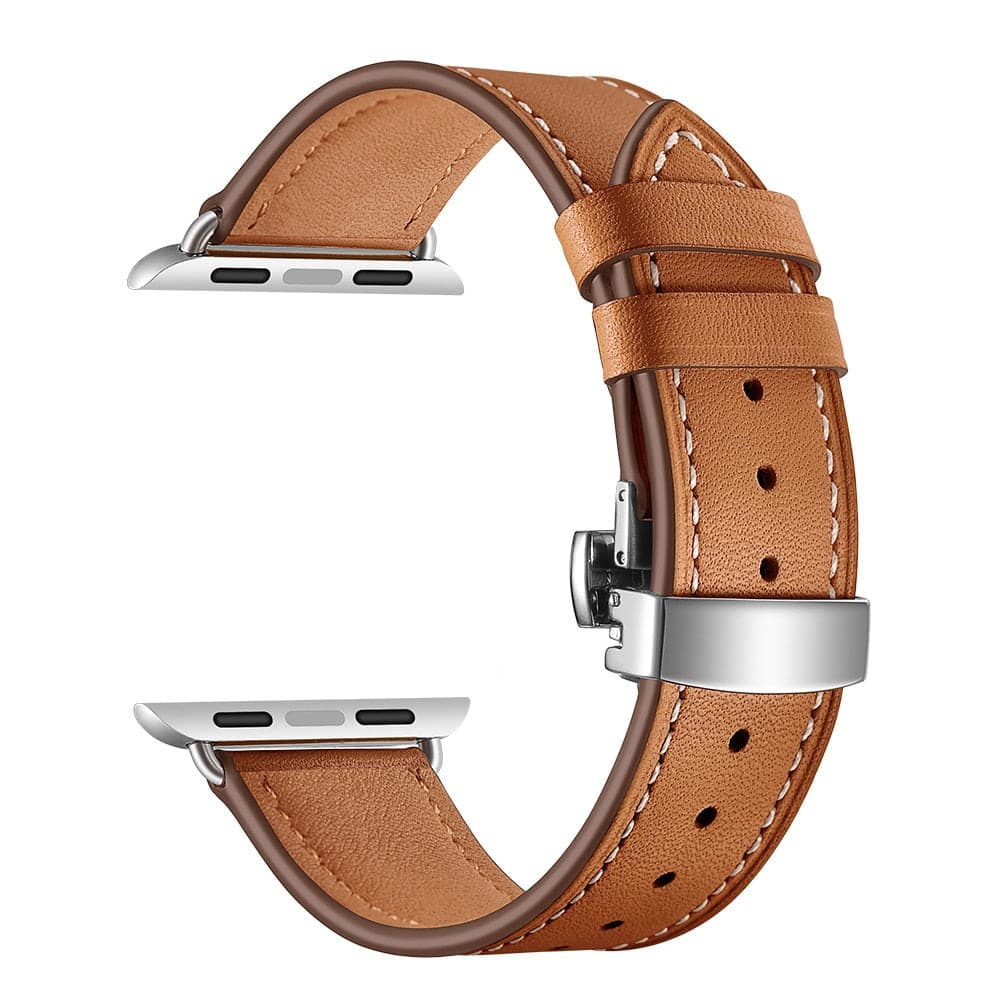 Bracelets Apple Watch Marron (Argent) 38 40 41 42 44 45 49 mm compatible serie 1 2 3 4 5 6 7 8 se et Ultra Bracelet cuir fermoir papillon eWatch Straps
