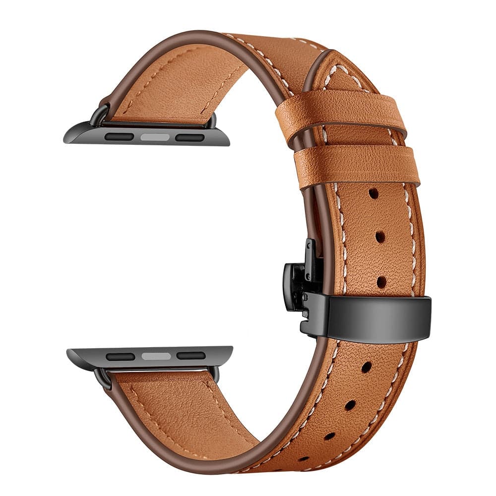 Bracelets Apple Watch Marron (Noir) 38 40 41 42 44 45 49 mm compatible serie 1 2 3 4 5 6 7 8 se et Ultra Bracelet cuir fermoir papillon eWatch Straps