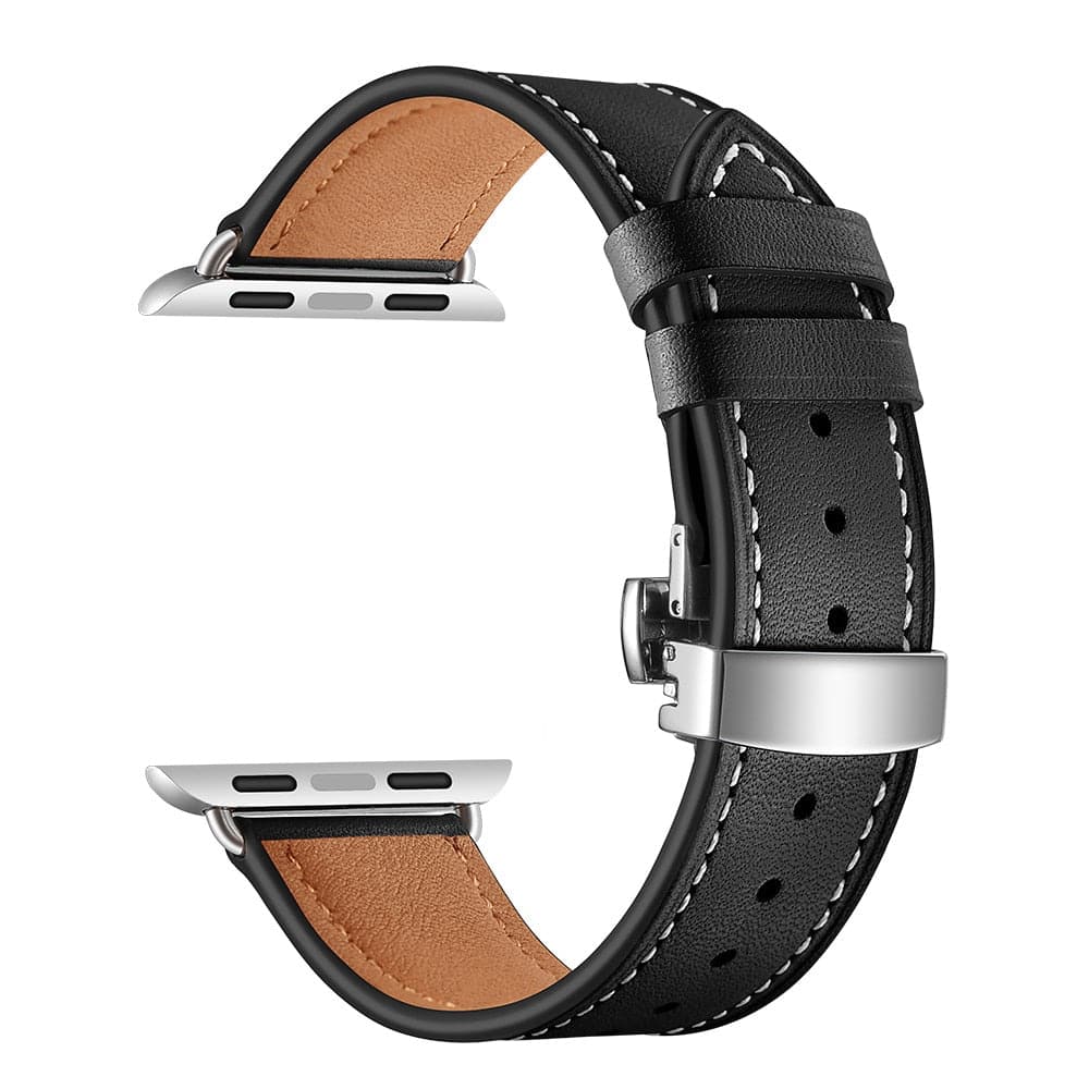Bracelets Apple Watch Noir (Argent) 38 40 41 42 44 45 49 mm compatible serie 1 2 3 4 5 6 7 8 se et Ultra Bracelet cuir fermoir papillon eWatch Straps