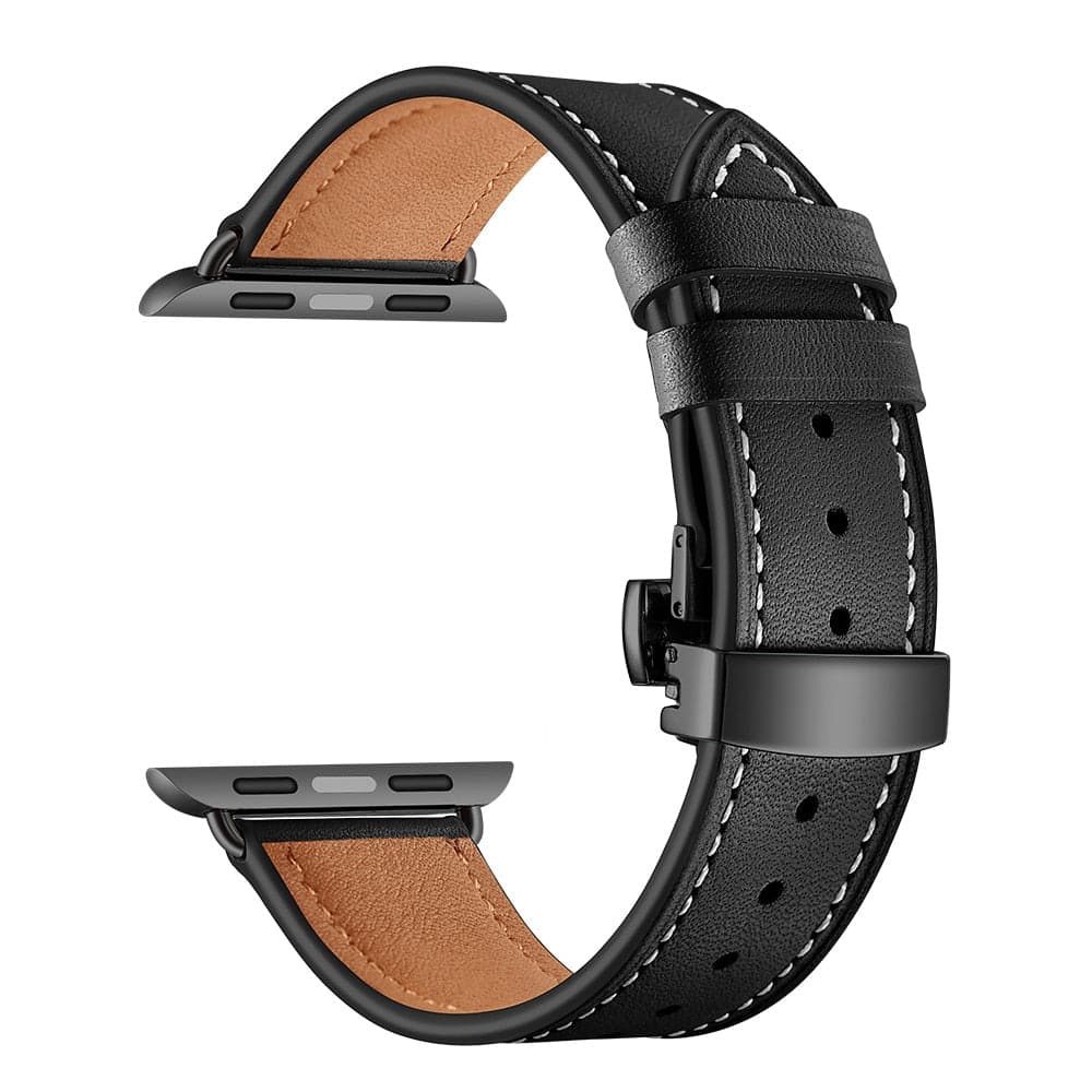 Bracelets Apple Watch Noir (Noir) 38 40 41 42 44 45 49 mm compatible serie 1 2 3 4 5 6 7 8 se et Ultra Bracelet cuir fermoir papillon eWatch Straps