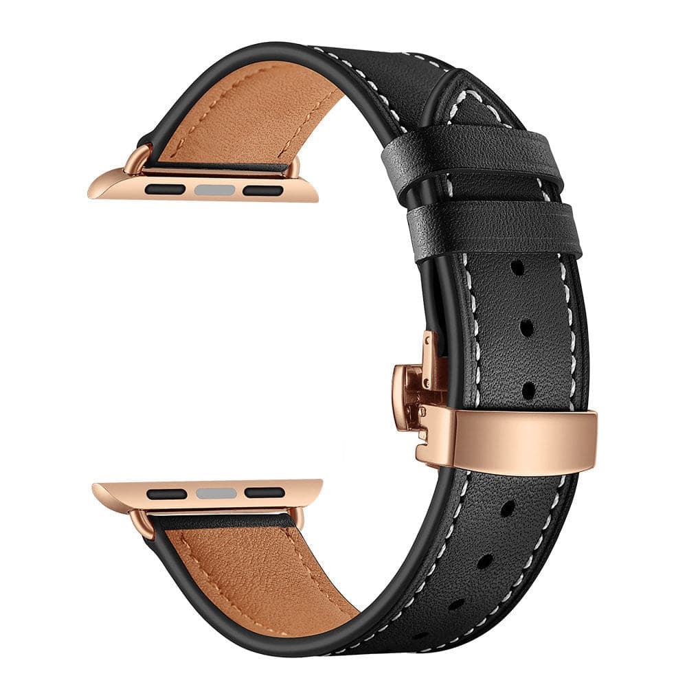 Bracelets Apple Watch Noir (Rose) 38 40 41 42 44 45 49 mm compatible serie 1 2 3 4 5 6 7 8 se et Ultra Bracelet cuir fermoir papillon eWatch Straps